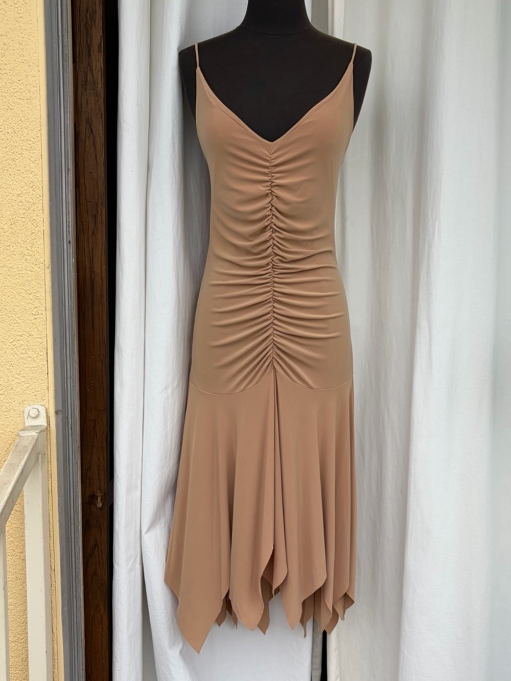 Vintage Y2K Tan Ruched Midi Dress, Summer Festival Party Fairy Whimsygoth